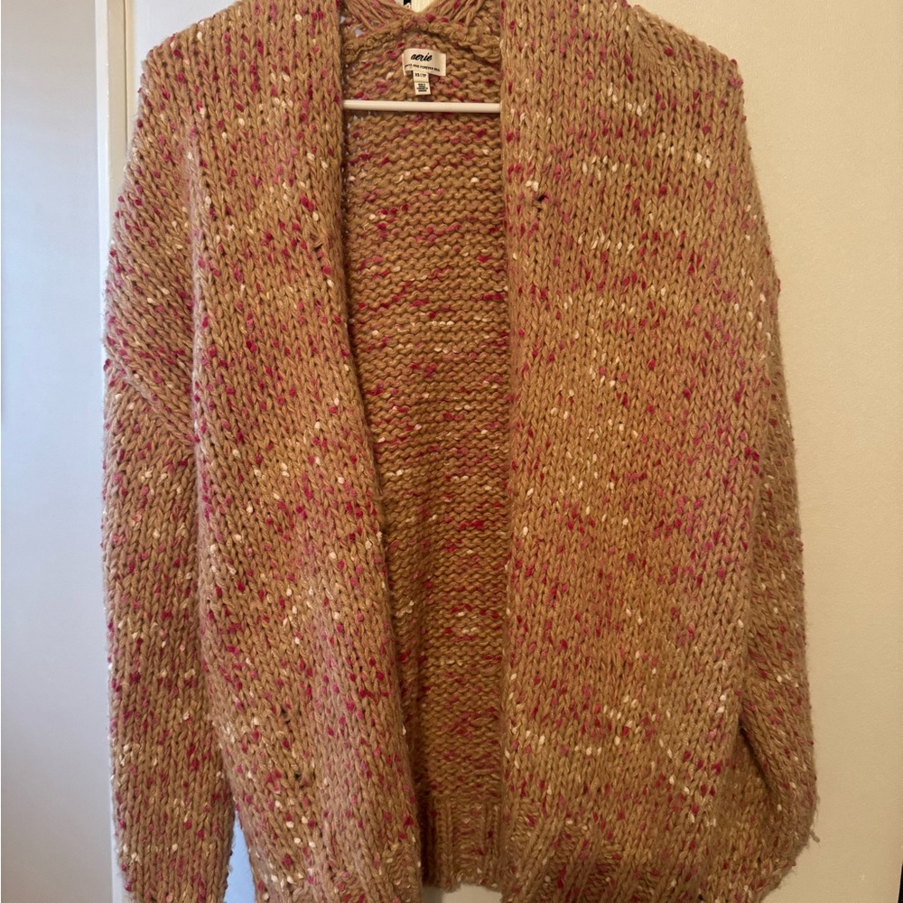 Aerie Speckled Knit Cardigan - Tan and Pink